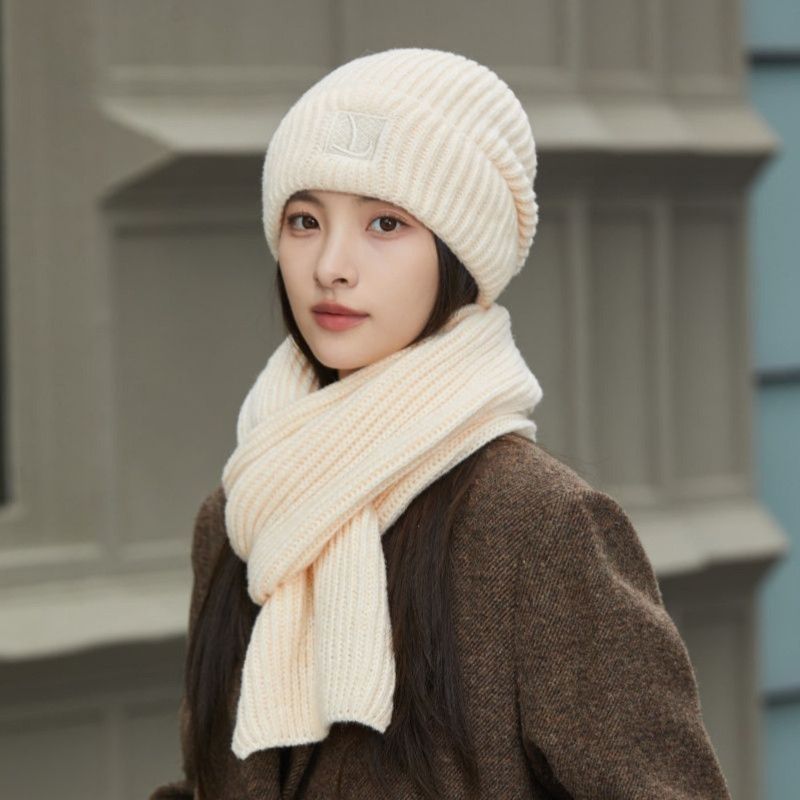 Women's Winter Knit Beanie & Scarf Set, Thick Vertical Stripe Warm Slouchy Hat with Ear Protection and Scarf—Beige - Image 1