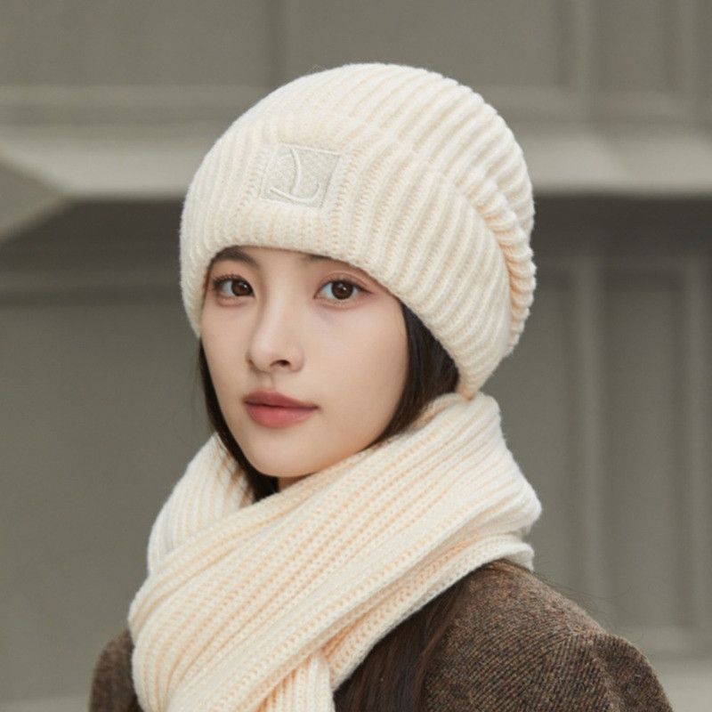 Women's Winter Knit Beanie & Scarf Set, Thick Vertical Stripe Warm Slouchy Hat with Ear Protection and Scarf—Beige - Image 2