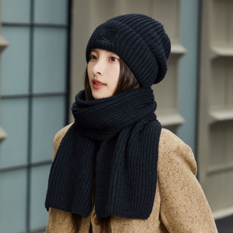 Women's Winter Knit Beanie & Scarf Set, Thick Vertical Stripe Warm Slouchy Hat with Ear Protection and Scarf—Black - Image 1