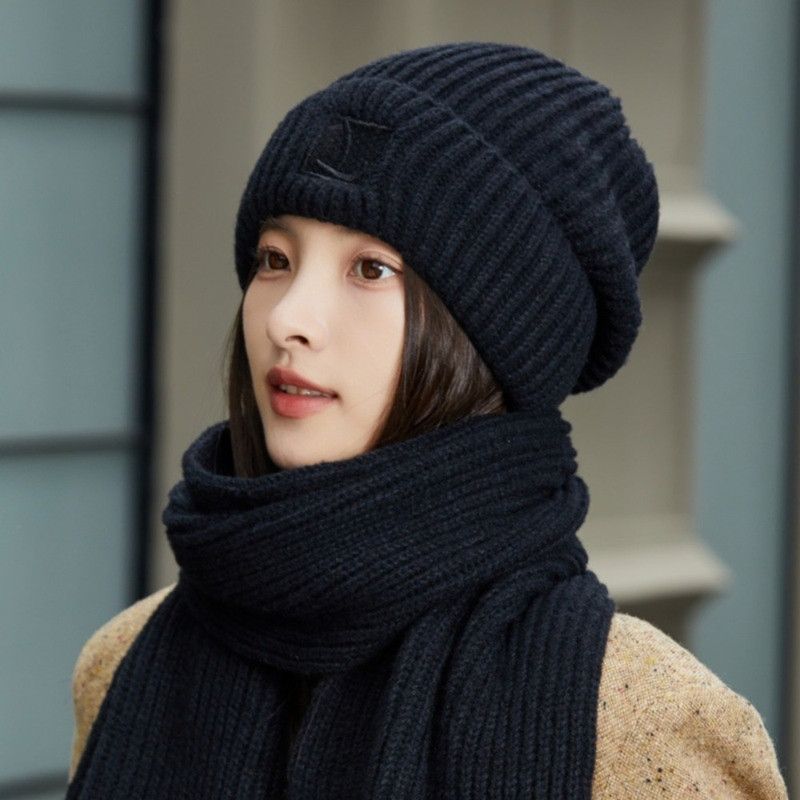 Women's Winter Knit Beanie & Scarf Set, Thick Vertical Stripe Warm Slouchy Hat with Ear Protection and Scarf—Black - Image 2