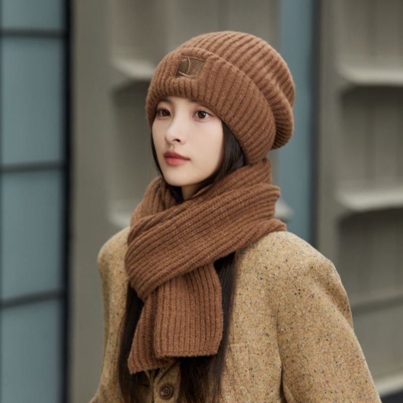 Women's Winter Knit Beanie & Scarf Set, Thick Vertical Stripe Warm Slouchy Hat with Ear Protection and Scarf—Brown - Image 1
