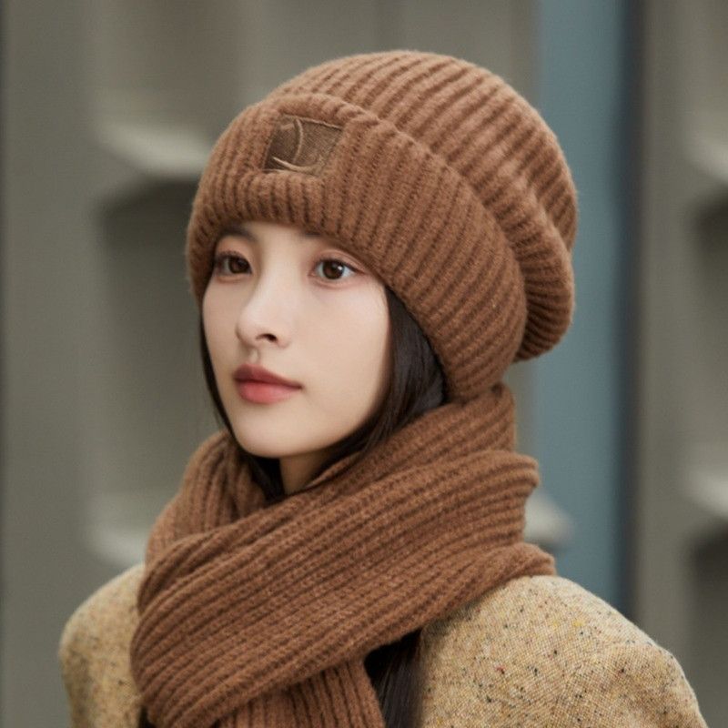 Women's Winter Knit Beanie & Scarf Set, Thick Vertical Stripe Warm Slouchy Hat with Ear Protection and Scarf—Brown - Image 2
