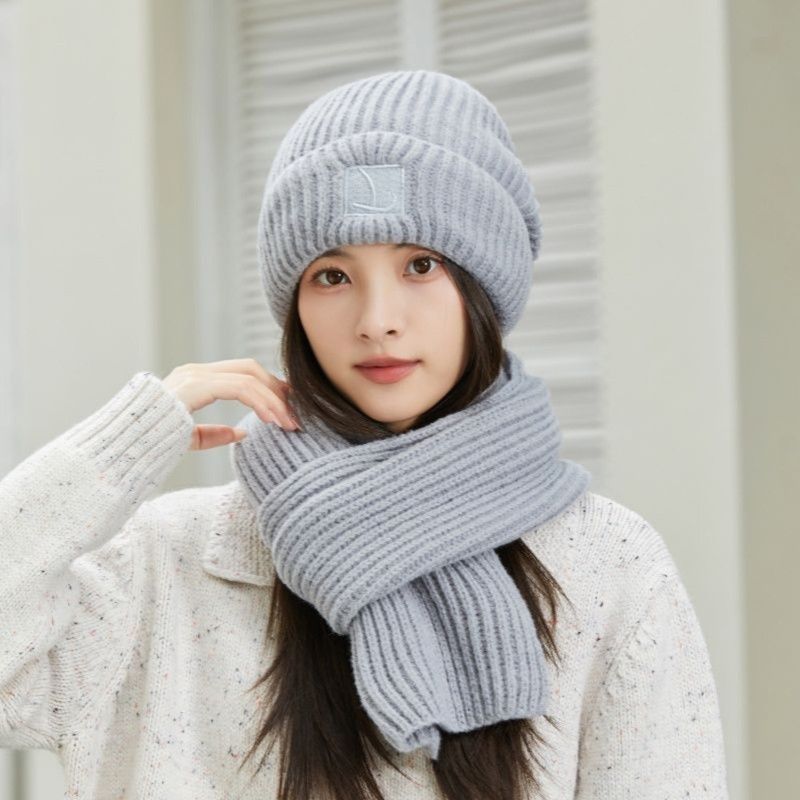 Women's Winter Knit Beanie & Scarf Set, Thick Vertical Stripe Warm Slouchy Hat with Ear Protection and Scarf—Gray - Image 1