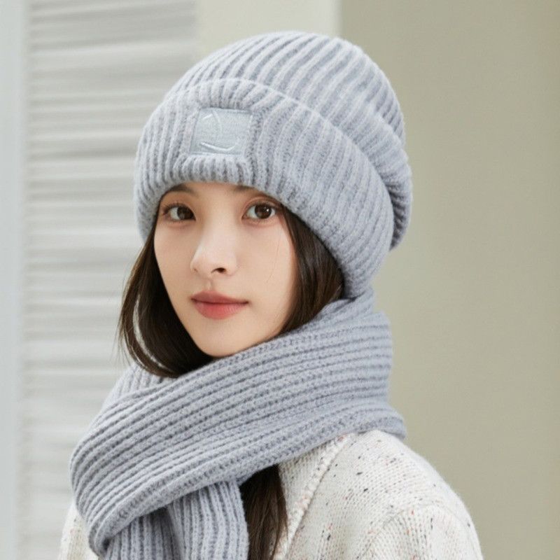 Women's Winter Knit Beanie & Scarf Set, Thick Vertical Stripe Warm Slouchy Hat with Ear Protection and Scarf—Gray - Image 2