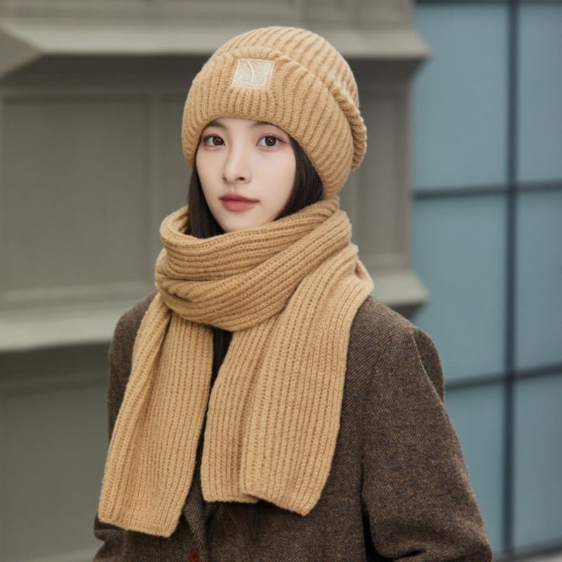 Women's Winter Knit Beanie & Scarf Set, Thick Vertical Stripe Warm Slouchy Hat with Ear Protection and Scarf—Khaki - Image 1
