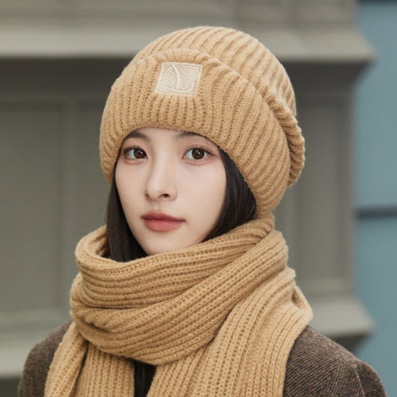 Women's Winter Knit Beanie & Scarf Set, Thick Vertical Stripe Warm Slouchy Hat with Ear Protection and Scarf—Khaki - Image 2