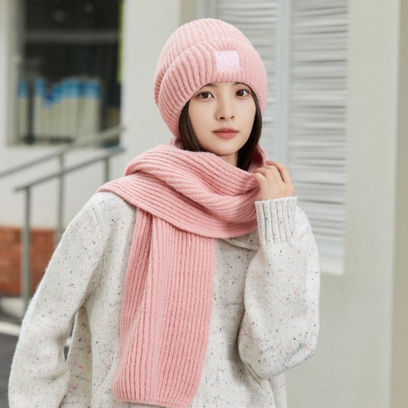Women's Winter Knit Beanie & Scarf Set, Thick Vertical Stripe Warm Slouchy Hat with Ear Protection and Scarf—Pink - Image 1