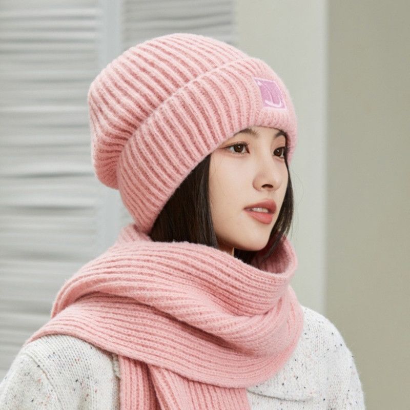 Women's Winter Knit Beanie & Scarf Set, Thick Vertical Stripe Warm Slouchy Hat with Ear Protection and Scarf—Pink - Image 2