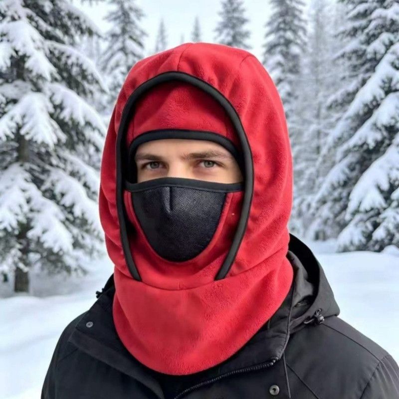 Fleece Integrated Thermal Balaclava, Windproof Face & Neck Cover Hat for Skiing, Cycling, and Outdoor Sports - Red - Image 1