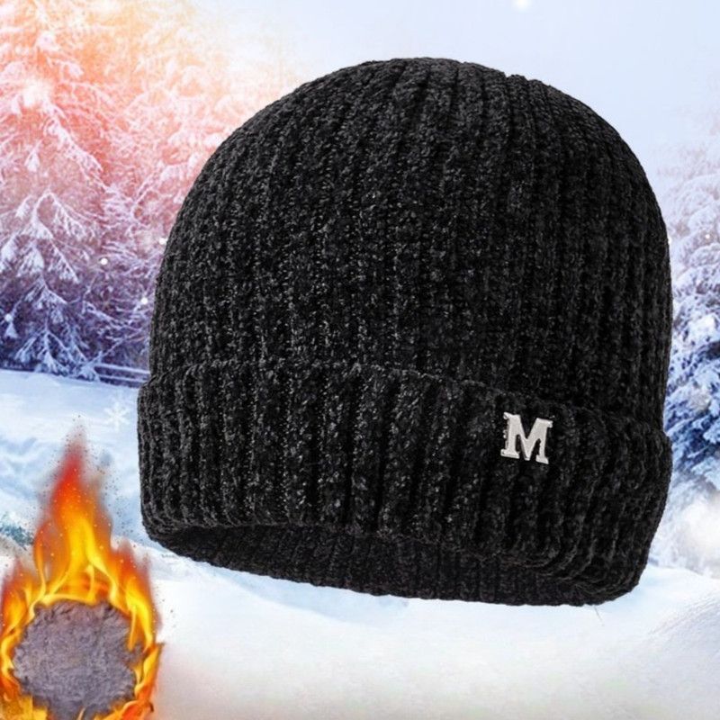 Men's Fleece-Lined Thick-Knit Beanie, Warm Winter Stretch Cold-Proof Skull Cap for Outdoor Cycling—Black - Image 1