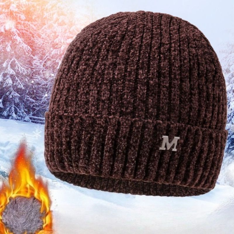 Men's Fleece-Lined Thick-Knit Beanie, Warm Winter Stretch Cold-Proof Skull Cap for Outdoor Cycling—Brown - Image 1
