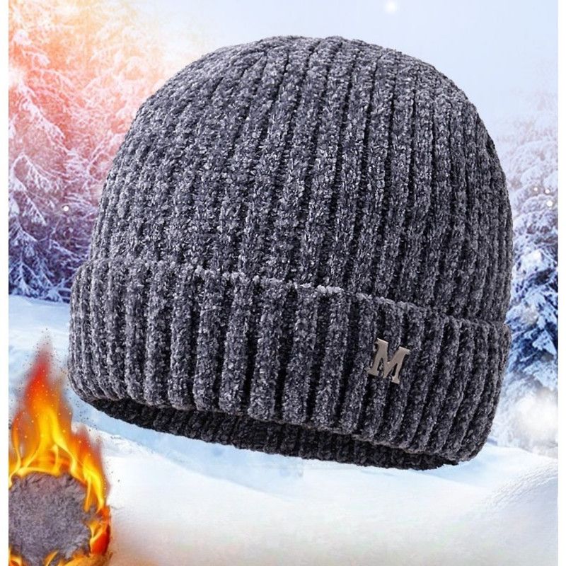 Men's Fleece-Lined Thick-Knit Beanie, Warm Winter Stretch Cold-Proof Skull Cap for Outdoor Cycling—Gray - Image 1