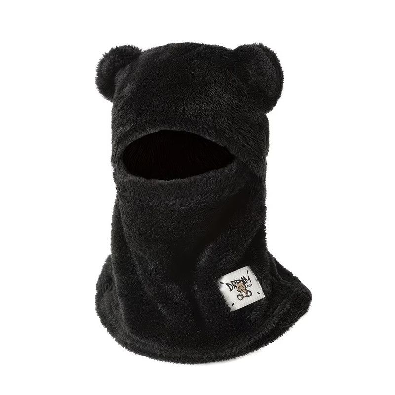 Cute Bear Ear Plush Integrated Balaclava Hat, 4-in-1 Windproof Warm Neck and Face Cover Hat - Black - Image 1