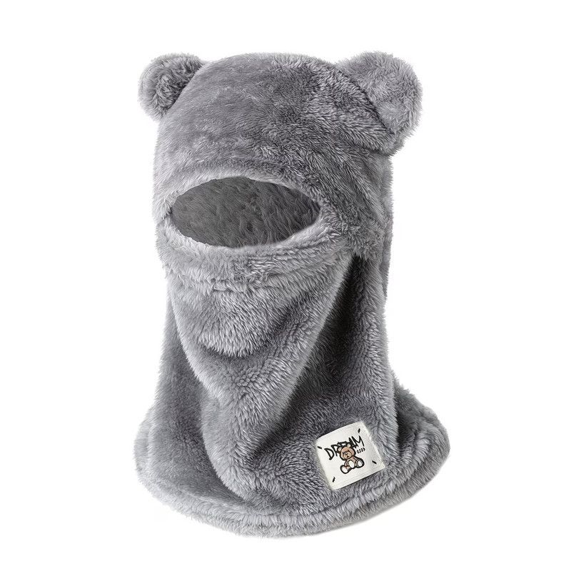 Cute Bear Ear Plush Integrated Balaclava Hat, 4-in-1 Windproof Warm Neck and Face Cover Hat - Gray - Image 1