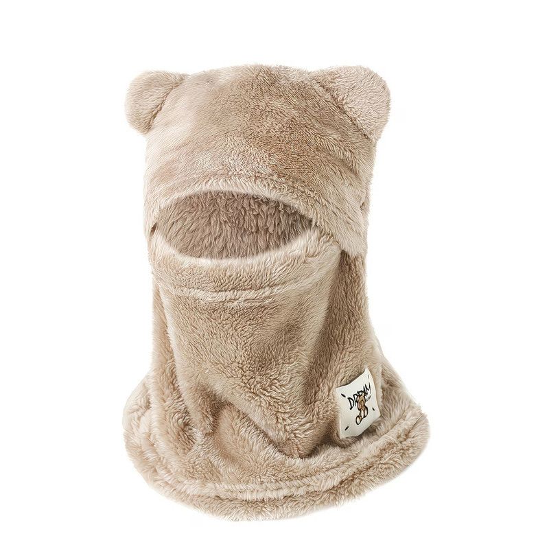 Cute Bear Ear Plush Integrated Balaclava Hat, 4-in-1 Windproof Warm Neck and Face Cover Hat - Khaki - Image 1