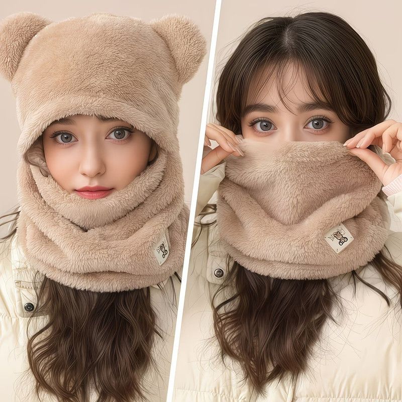 Cute Bear Ear Plush Integrated Balaclava Hat, 4-in-1 Windproof Warm Neck and Face Cover Hat - Khaki - Image 4