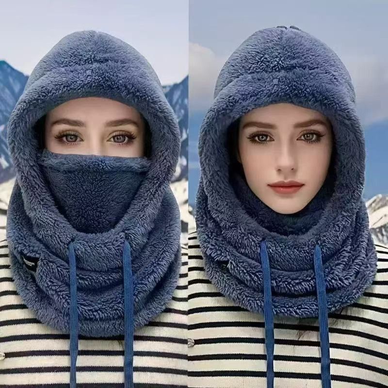 Fleece Drawstring Integrated Balaclava Hat, 3-in-1 Windproof Neck and Face Cover, Warm Cap for Winter Cycling - Black - Image 4