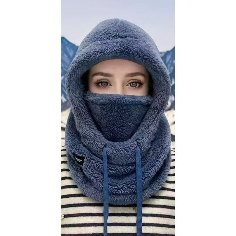 Fleece Drawstring Integrated Balaclava Hat, 3-in-1 Windproof Neck and Face Cover, Warm Cap for Winter Cycling—Blue - Image 1