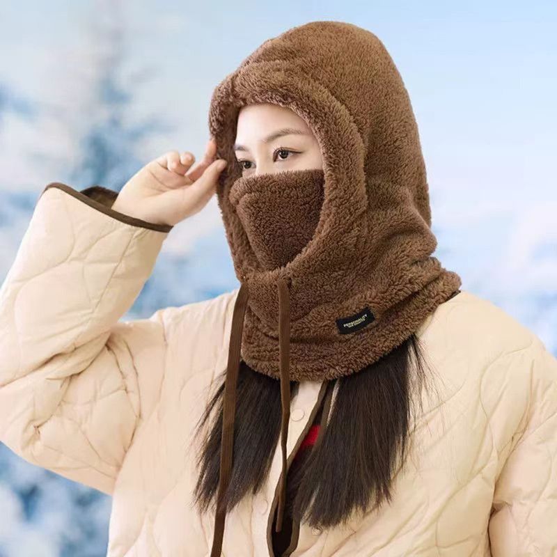 Fleece Drawstring Integrated Balaclava Hat, 3-in-1 Windproof Neck and Face Cover, Warm Cap for Winter Cycling - Brown - Image 1