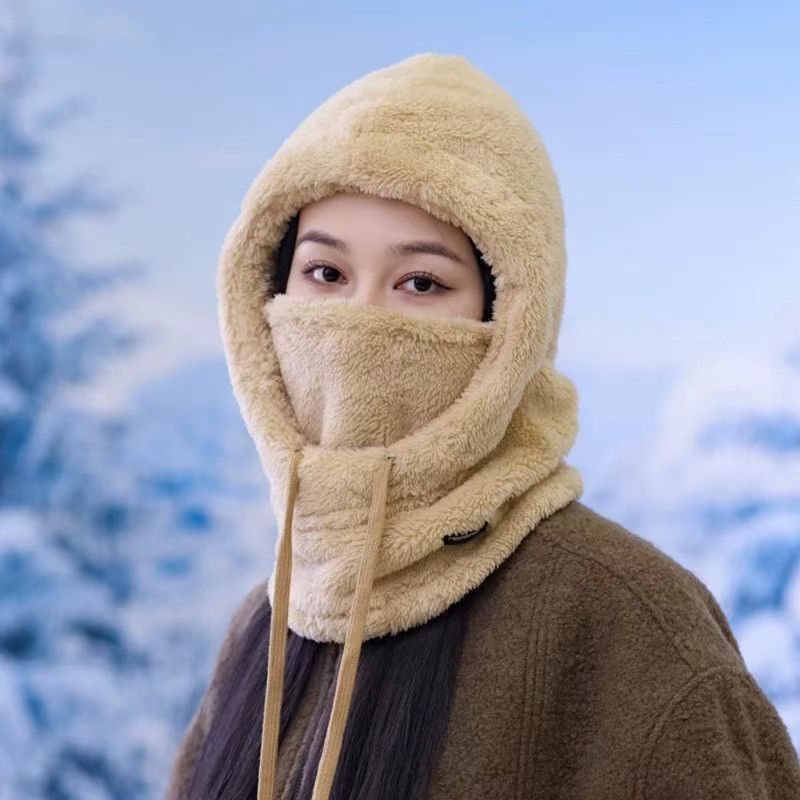 Fleece Drawstring Integrated Balaclava Hat, 3-in-1 Windproof Neck and Face Cover, Warm Cap for Winter Cycling - Khaki - Image 1