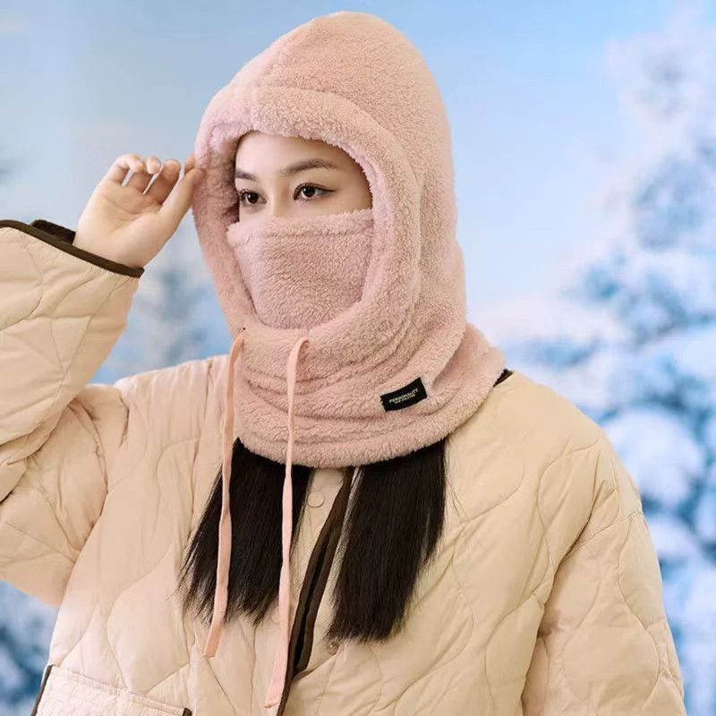 Fleece Drawstring Integrated Balaclava Hat, 3-in-1 Windproof Neck and Face Cover, Warm Cap for Winter Cycling - Pink - Image 1