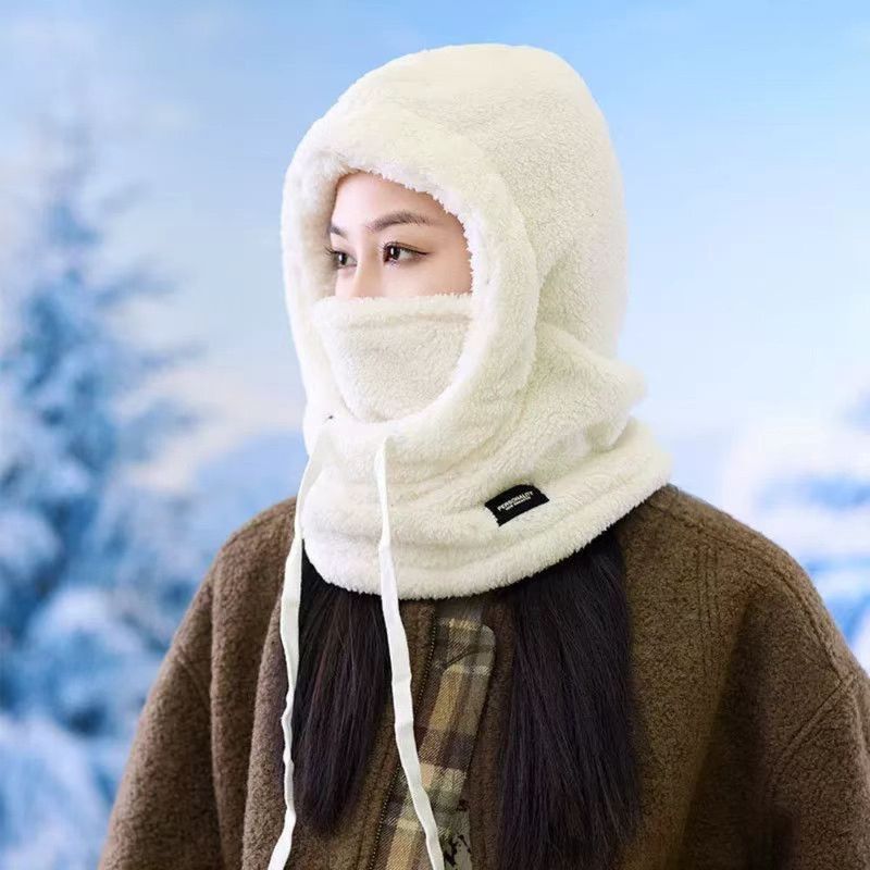 Fleece Drawstring Integrated Balaclava Hat, 3-in-1 Windproof Neck and Face Cover, Warm Cap for Winter Cycling—White - Image 1