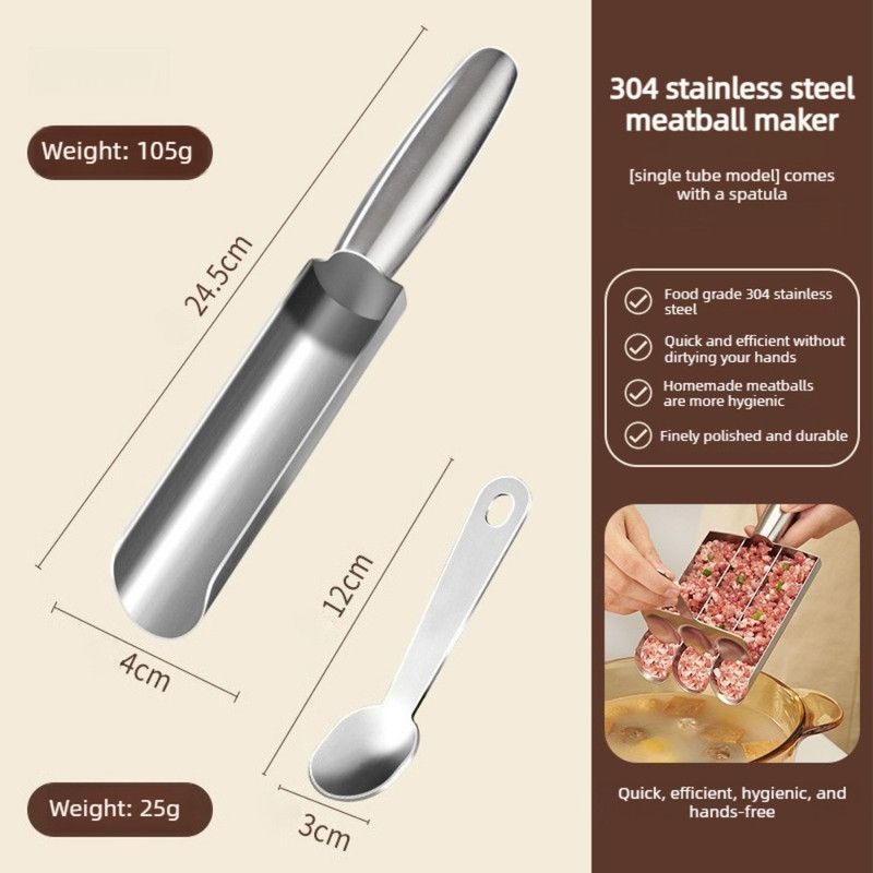 304 Stainless Steel Meatball Maker,  Paste Rice Ball Mold with Scoop for the Kitchen—Single Tube - Image 1