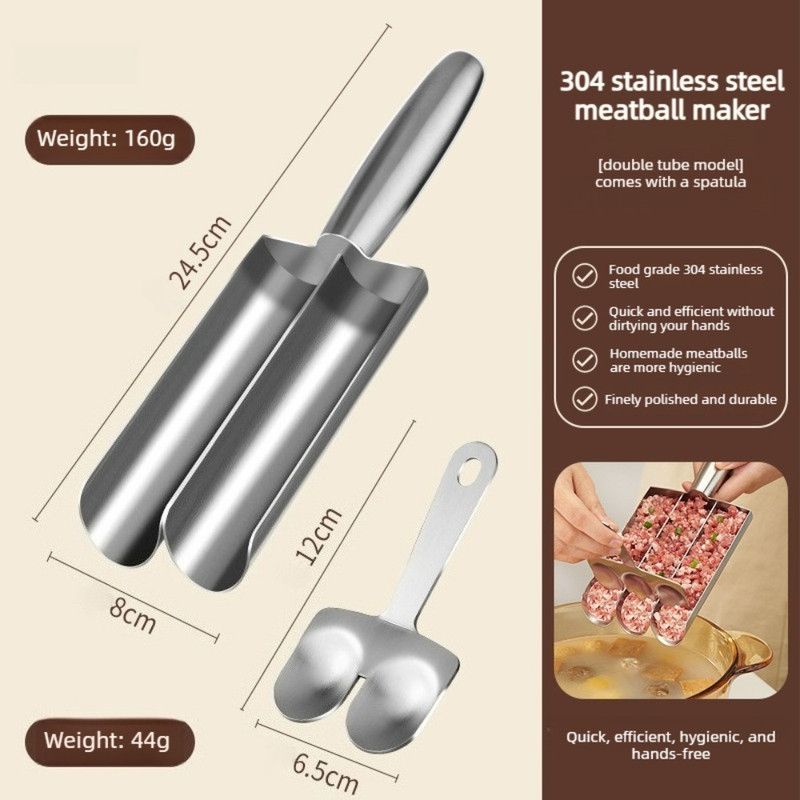 304 Stainless Steel Meatball Maker, Multi-size Paste Rice Ball Mold with Scoop for the Kitchen—Double Tube - Image 1