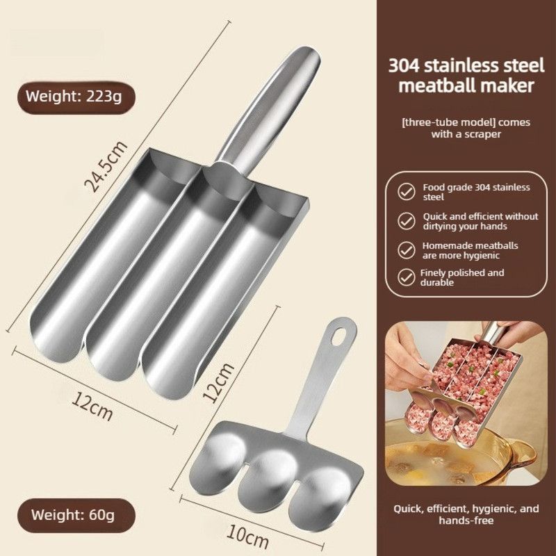304 Stainless Steel Meatball Maker, Multi-size Paste Rice Ball Mold with Scoop for the Kitchen—Three Tubes - Image 1