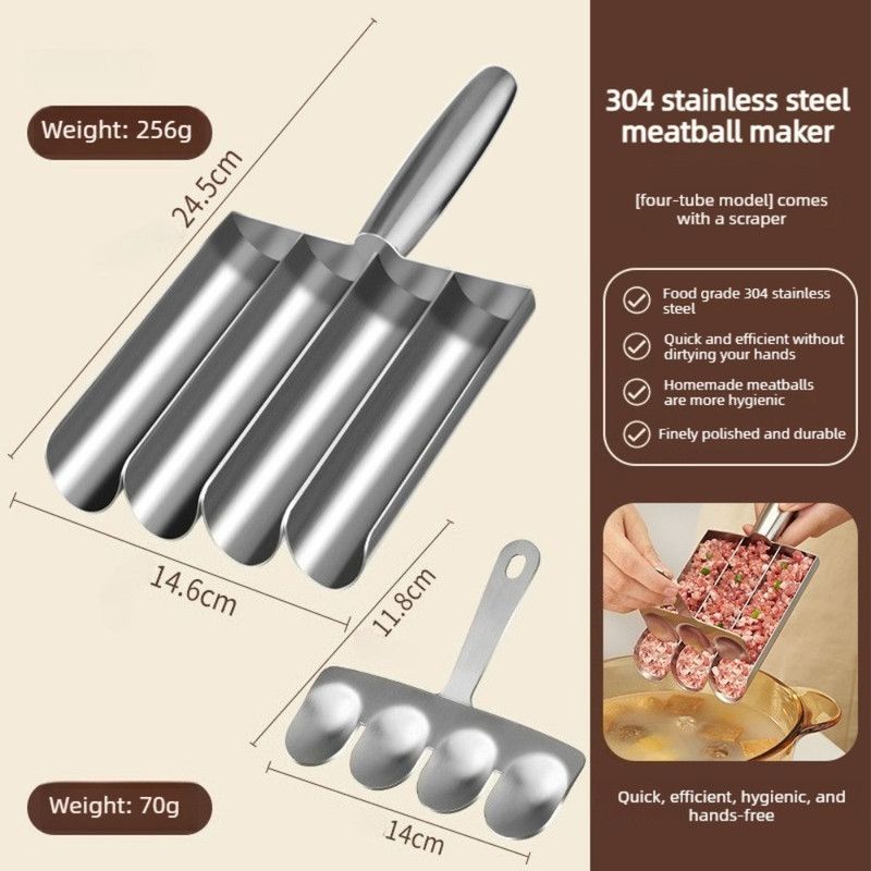 304 Stainless Steel Meatball Maker, Multi-size Paste Rice Ball Mold with Scoop for the Kitchen—Four Tubes - Image 1