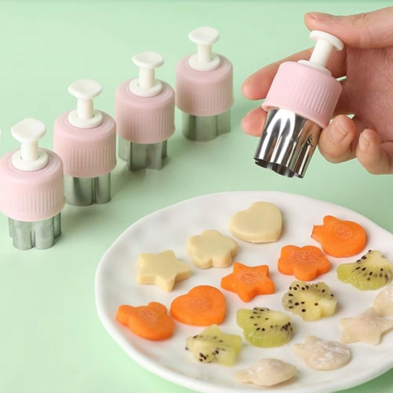 Hand Press Fruit and Vegetable Cookie Cutter 8-Piece Set, Food Shape Molds—Pink - Image 2