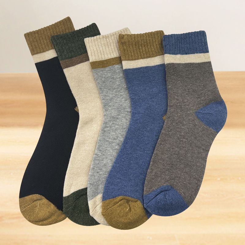 5 Pairs Men Color Block Terry Crew Socks, Thick Warm Minimalist Business Cotton Socks For Autumn Winter - Image 1