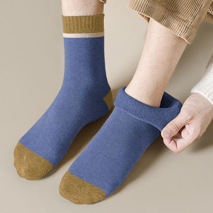5 Pairs Men Color Block Terry Crew Socks, Thick Warm Minimalist Business Cotton Socks For Autumn Winter - Image 2