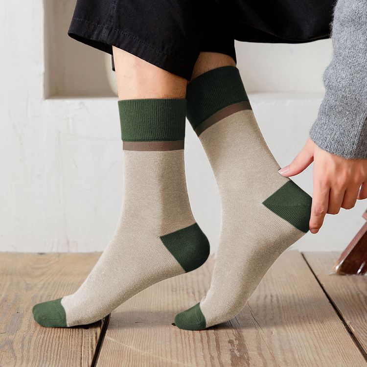 5 Pairs Men Color Block Terry Crew Socks, Thick Warm Minimalist Business Cotton Socks For Autumn Winter - Image 3