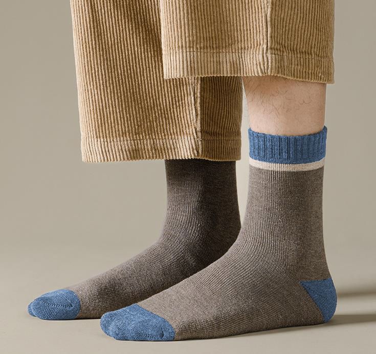 5 Pairs Men Color Block Terry Crew Socks, Thick Warm Minimalist Business Cotton Socks For Autumn Winter - Image 4