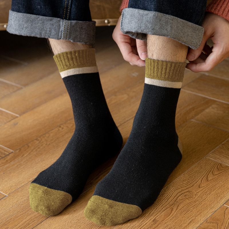 5 Pairs Men Color Block Terry Crew Socks, Thick Warm Minimalist Business Cotton Socks For Autumn Winter - Image 5