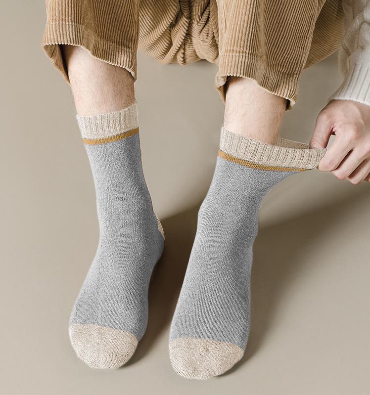 5 Pairs Men Color Block Terry Crew Socks, Thick Warm Minimalist Business Cotton Socks For Autumn Winter - Image 6