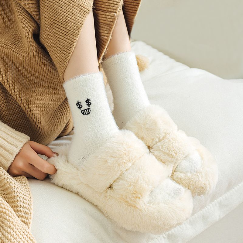 5 Pairs White Cartoon Embroidered Fluffy Crew Socks, Thick Mink Fleece Warm Floor Socks For Women Home Use Autumn Winter - Image 4
