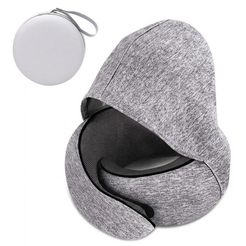 Hooded Memory Foam U-Shaped Travel Pillow, Foldable Light-Blocking for Napping on Planes and Trains—Light Gray - Image 1