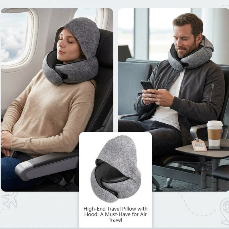 Hooded Memory Foam U-Shaped Travel Pillow, Foldable Light-Blocking for Napping on Planes and Trains—Light Gray - Image 5