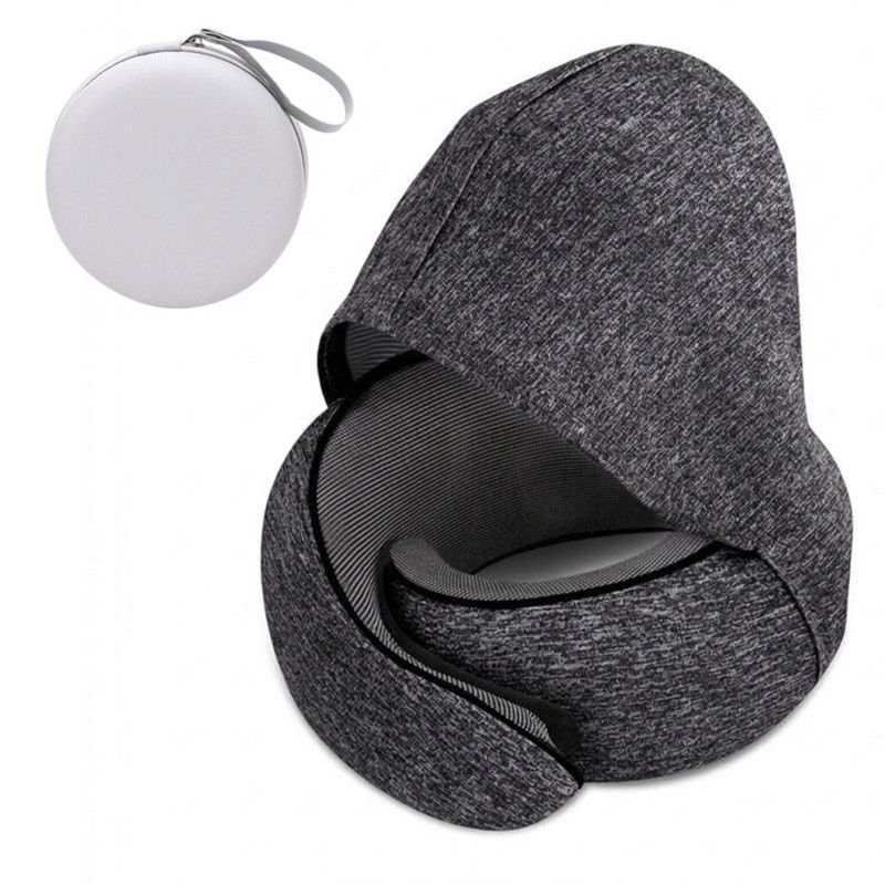 Hooded Memory Foam U-Shaped Travel Pillow, Foldable Light-Blocking for Napping on Planes and Trains—Dark Gray - Image 1