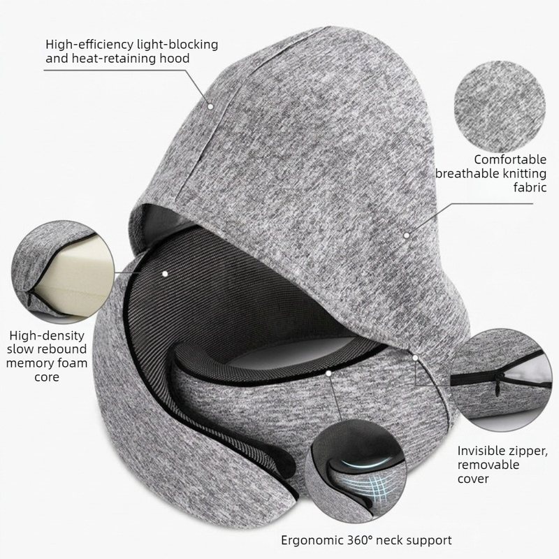 Hooded Memory Foam U-Shaped Travel Pillow, Foldable Light-Blocking for Napping on Planes and Trains—Dark Gray - Image 3