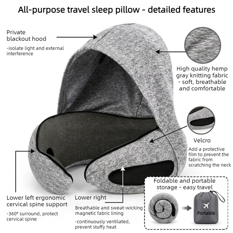 Hooded Memory Foam U-Shaped Travel Pillow, Foldable Light-Blocking for Napping on Planes and Trains—Dark Gray - Image 4