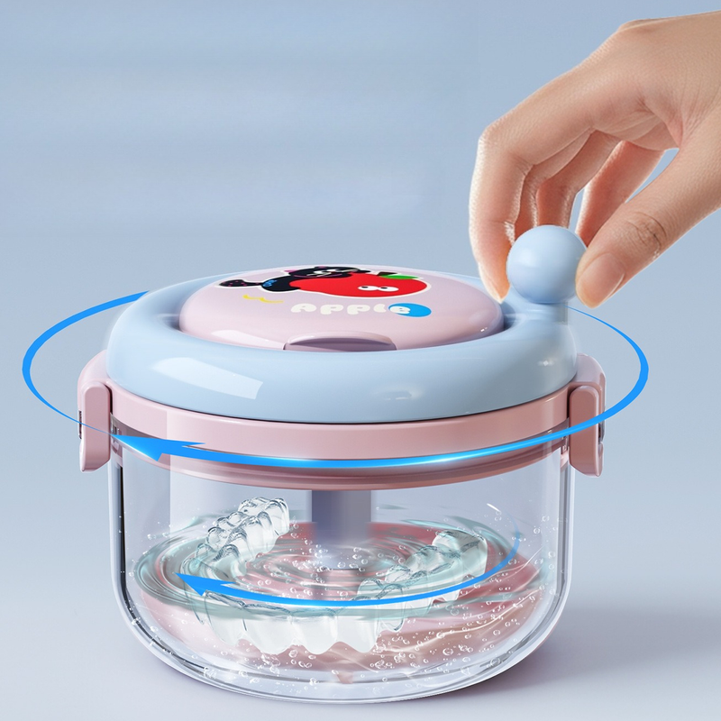 Hand Crank Centrifugal Retainer Cleaning & Storage 2-in-1 Case, Denture and Aligner Cleaner Box with Built-in Mirror—Pink - Image 5