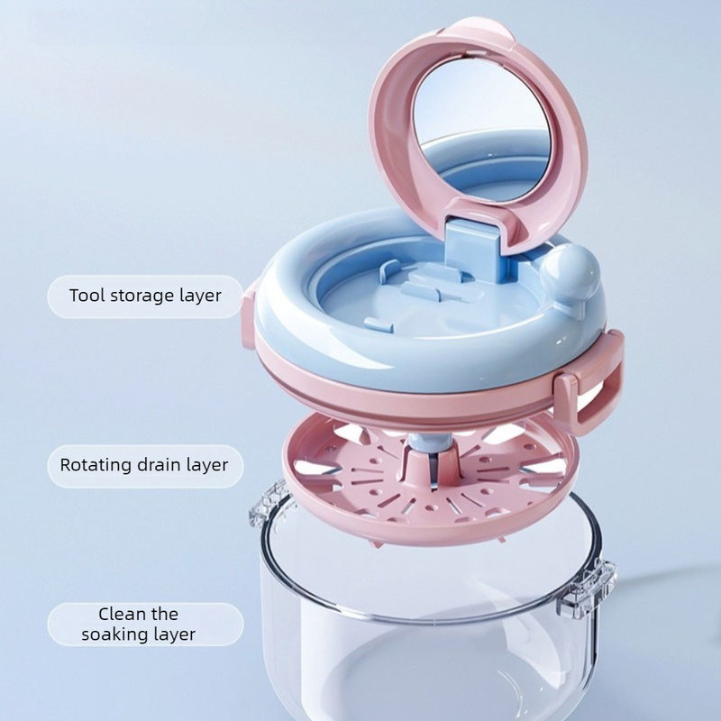 Hand Crank Centrifugal Retainer Cleaning & Storage 2-in-1 Case, Denture and Aligner Cleaner Box with Built-in Mirror—White - Image 2