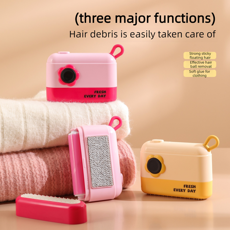 3-in-1 Camera-Shaped Washable Lint Roller, Reusable Portable Pet Hair Remover & Fabric Shaver Brush—Yellow - Image 2