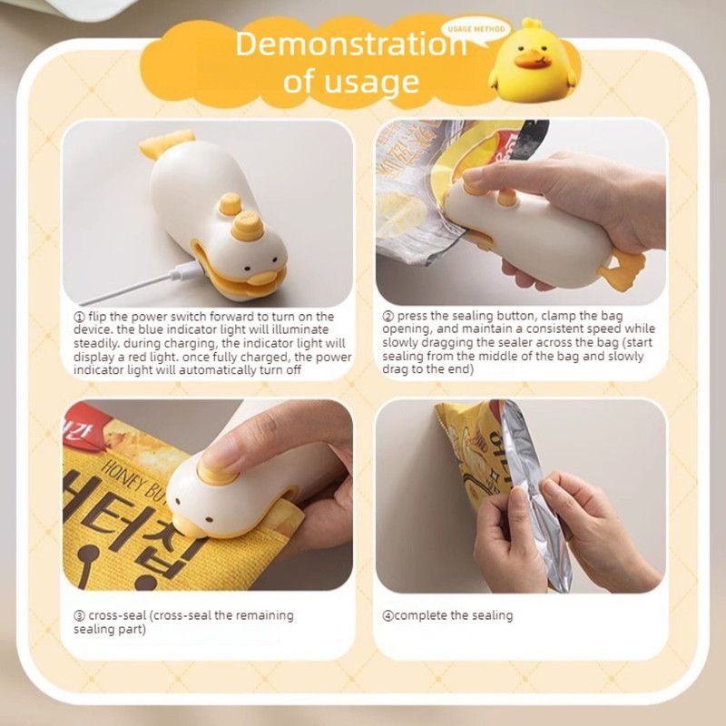 Cute Duck Magnetic Mini Heat Sealer, Rechargeable Portable 2-in-1 Sealer & Cutter For Snack Plastic Bags - Image 3