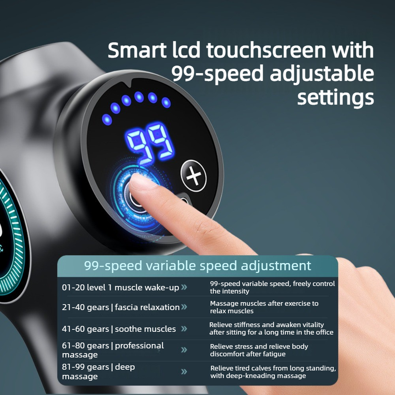 99-Speed Touchscreen Fascia Gun with 8 Massage Heads, Rechargeable Deep Tissue Muscle Massager—Dark Gray - Image 2