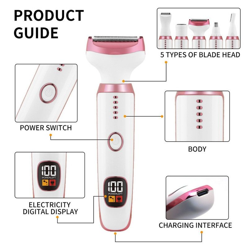 5-in-1 Electric Hair Trimmer with LED Display, Women's Body Shaver for Nose, Eyebrow and Underarm Hair Removal - Image 2
