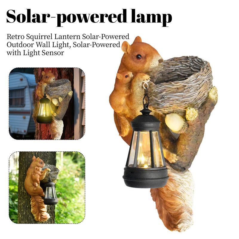Retro Squirrel Lantern Solar-Powered Outdoor Wall Light, Solar-Powered with Light Sensor, Outdoor Garden and Courtyard Wall Decor, Balcony and Tree-Mounted Ambiance Night Light, Courtyard Statue and Ornament - Image 1
